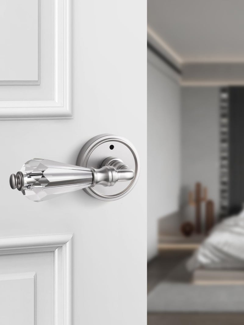 SORWDUERM 1 Pack Brushed Nickel Glass Door Lever Privacy Crystal Door Levers Satin Nickel Door Lever Interior Door Handle for Bedroom and Bathroom,Zinc Alloy - Image 4